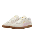 White sneakers with pink accents and brown soles on a white background