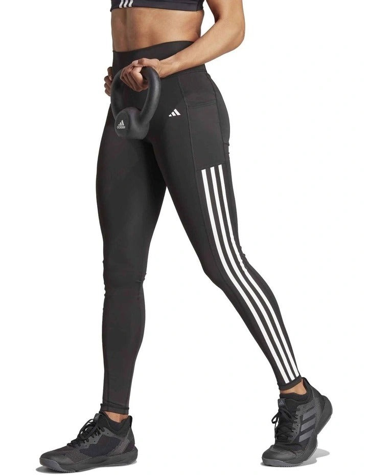 Adidas Optime 3 Stripes Full Length Training Leggings in recycled polyester with high-rise waistband and side pocket