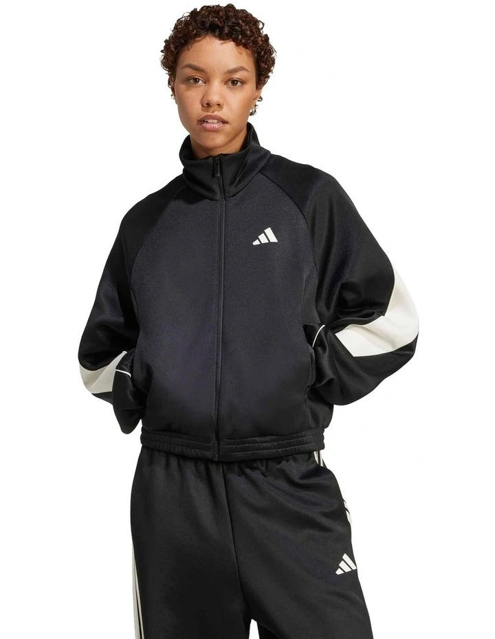 Adidas Stadium Track Top for men in soft knit with satin piping, zip pockets, and 3 Bar Logo – 67% recycled polyester, 33% cotton
