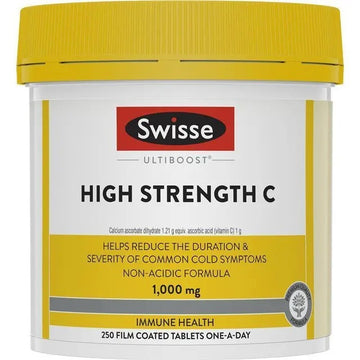 Swisse High Strength Vitamin C 1000mg 250 Tablets for immune and skin health.