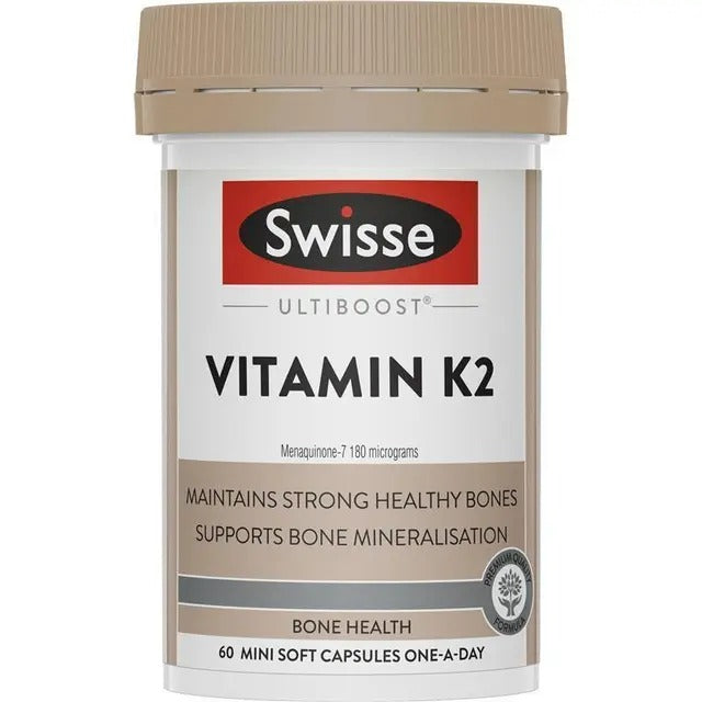 Swisse Ultiboost Vitamin K2 60 Capsules for strong bones and calcium absorption.