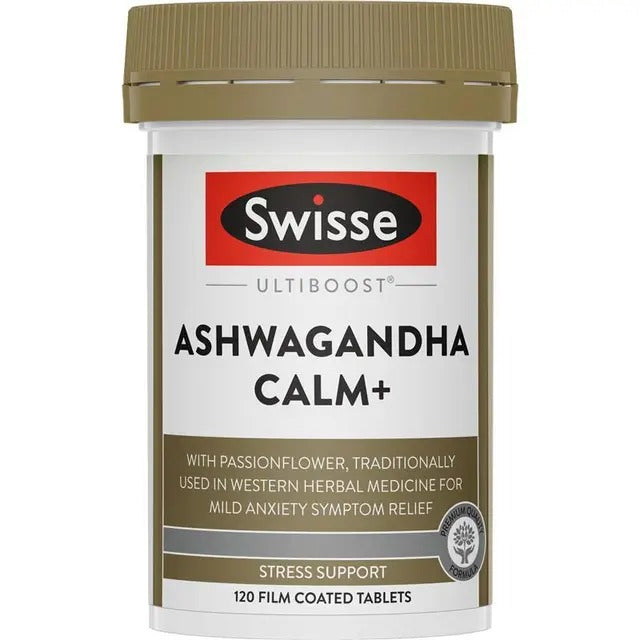 Swisse Ashwagandha Calm+ — vegan stress relief supplement with magnesium and herbs.