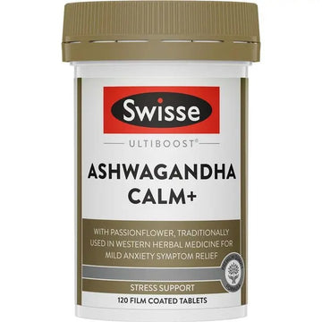 Swisse Ashwagandha Calm+ — vegan stress relief supplement with magnesium and herbs.