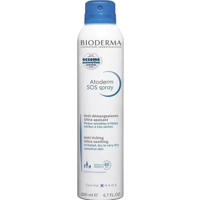 Bioderma Atoderm SOS Spray 200ml – instant itch relief and soothing care for dry skin.