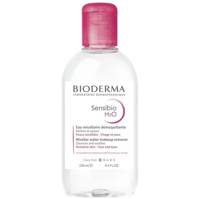 Bioderma Sensibio H2O Micellar Water 250ml – gentle cleanser for sensitive skin, removes makeup and impurities.