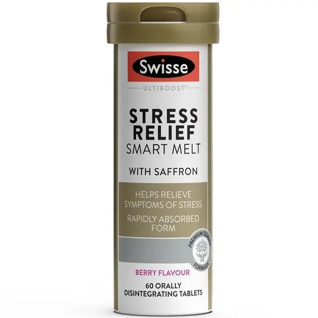 Swisse Stress Relief Smart Melt with Saffron and B12 – fast-absorbing, 99% sugar-free stress support tablets.