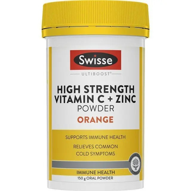 Swisse High Strength Vitamin C + Zinc Powder Orange 150g – immune support, cold relief, citrus flavour.