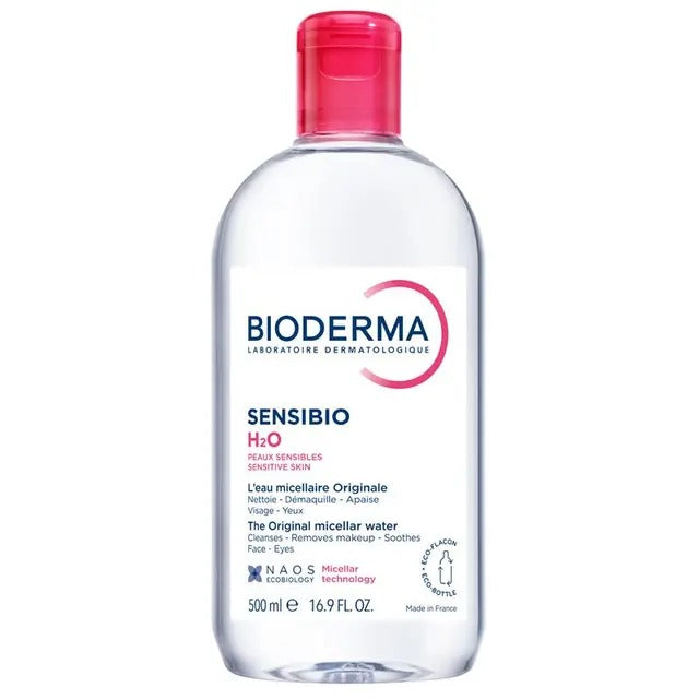 Bioderma Sensibio H2O micellar water cleanser for sensitive skin, removes makeup and soothes skin.