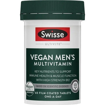 Swisse Vegan Men's Multivitamin 60 Tablets for daily energy and muscle support.