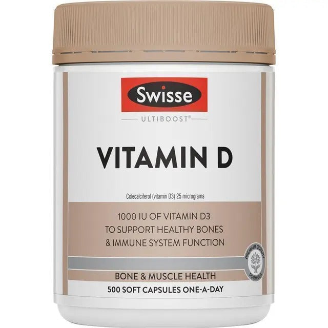 Swisse Vitamin D 500 Capsules – supports bone, teeth, and immune health; aids calcium absorption; daily supplement.