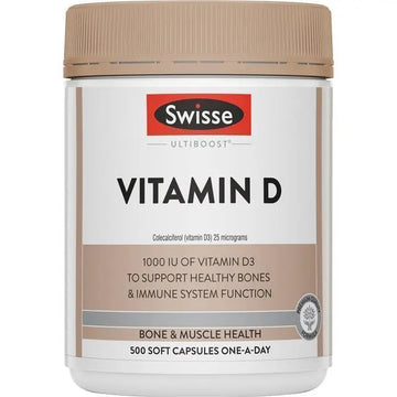 Swisse Vitamin D 500 Capsules – supports bone, teeth, and immune health; aids calcium absorption; daily supplement.