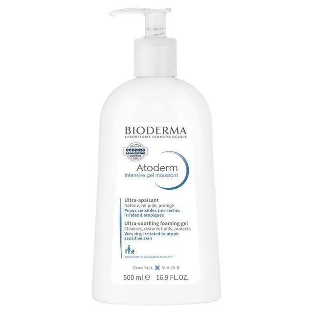 Bioderma Atoderm Intensive Gel Moussant 500ml hydrating foaming cleanser for dry, sensitive, eczema-prone skin.