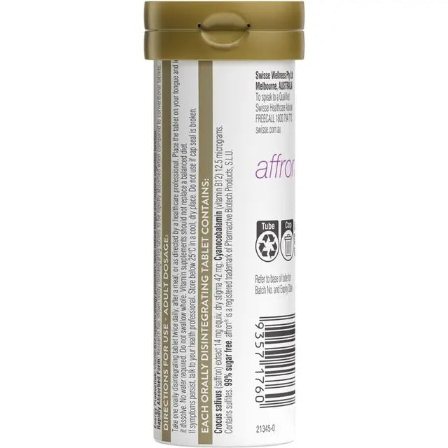Swisse Stress Relief Smart Melt with Saffron and B12 – fast-absorbing, 99% sugar-free stress support tablets.