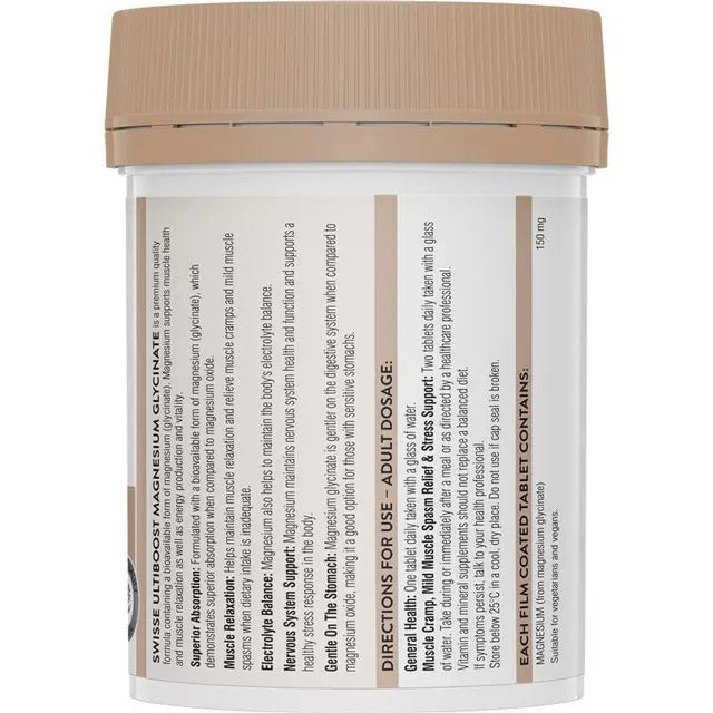 Swisse Ultiboost Magnesium Glycinate 120 Tablets for muscle relaxation and stress support.