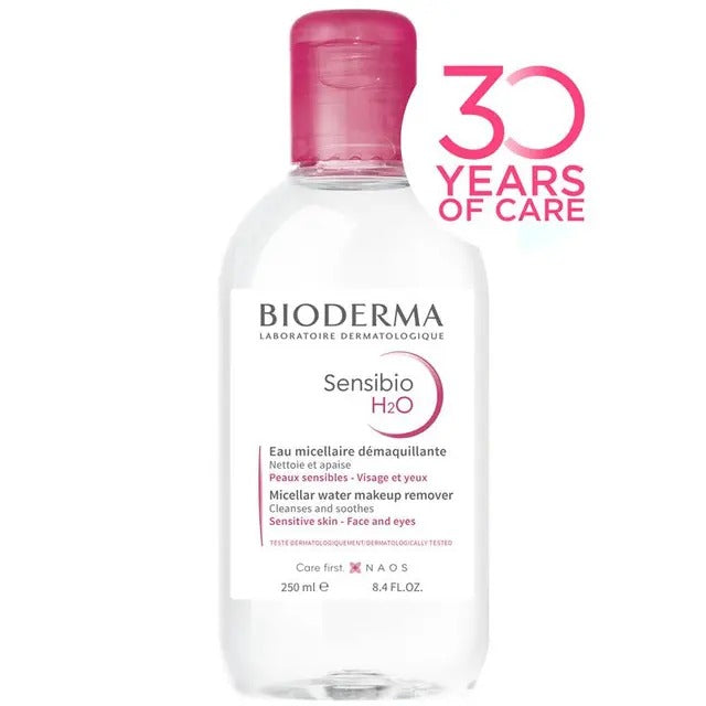 Bioderma Sensibio H2O Micellar Water 250ml – gentle cleanser for sensitive skin, removes makeup and impurities.