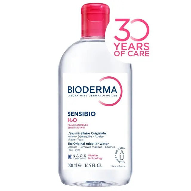 Bioderma Sensibio H2O micellar water cleanser for sensitive skin, removes makeup and soothes skin.