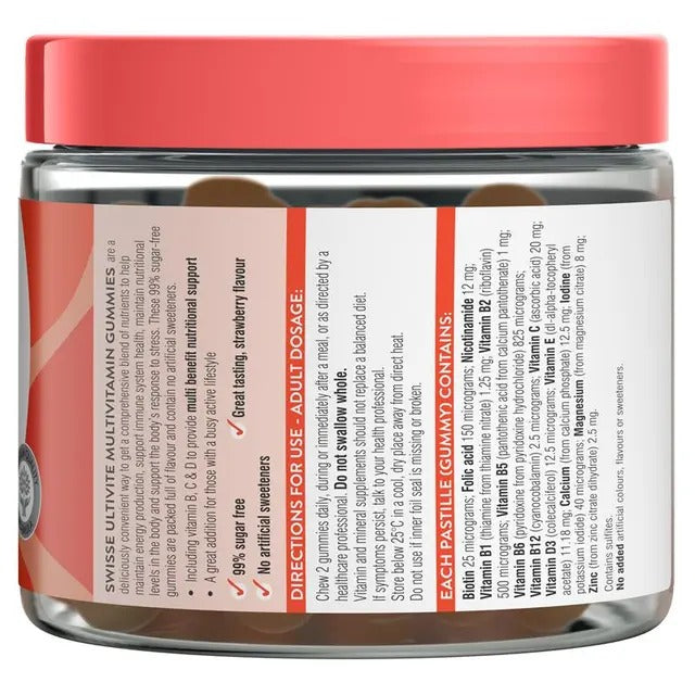 Swisse Ultiboost Multivitamin Gummies 120 Pack – 99% sugar-free daily vitamins for energy, immunity, and vitality.