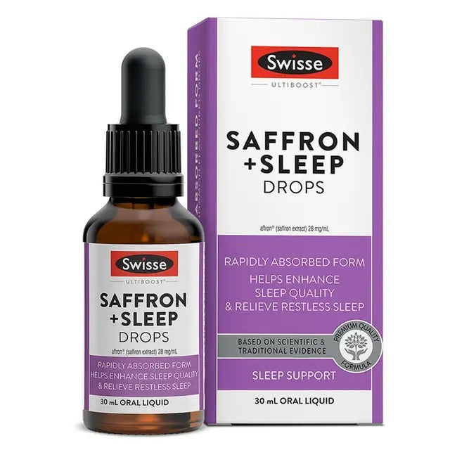 Swisse Ultiboost Saffron + Sleep Drops 30mL natural sleep support with saffron, hops, and passionflower.