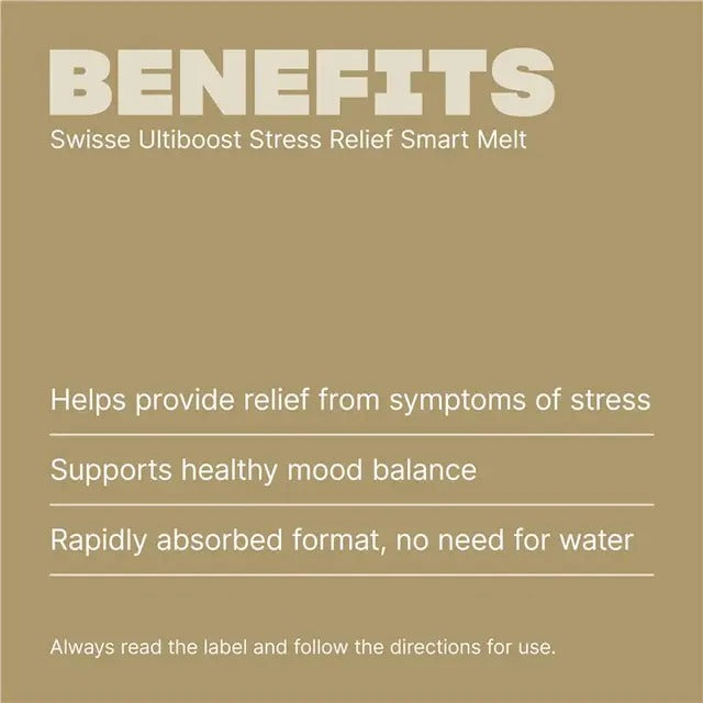 Swisse Stress Relief Smart Melt with Saffron and B12 – fast-absorbing, 99% sugar-free stress support tablets.