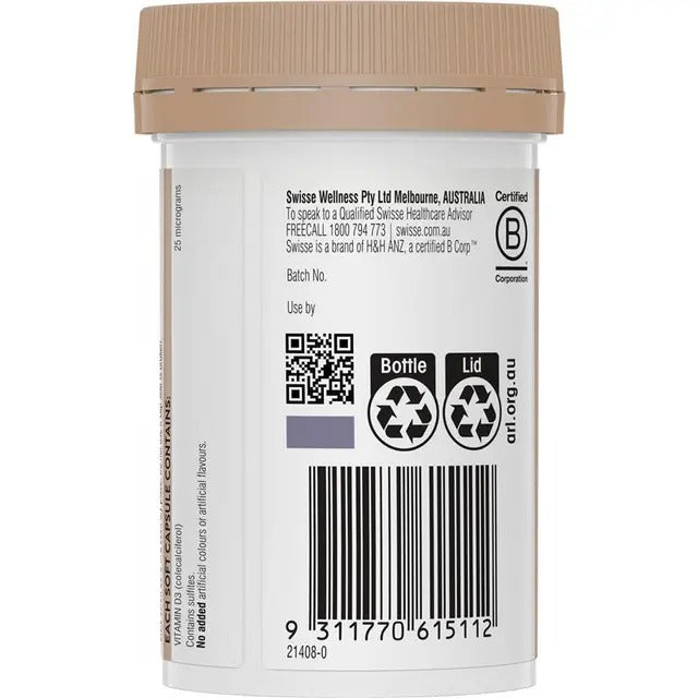 Swisse Vitamin D 250 Capsules – Supports bone, teeth, and immune health. Helps calcium absorption and maintains vitamin D levels.