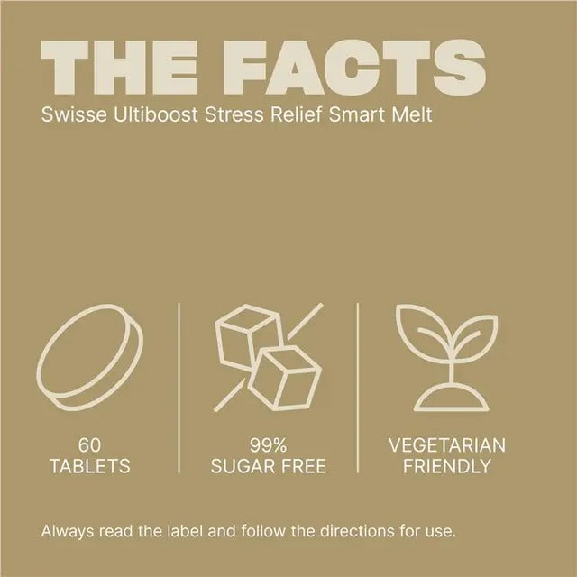 Swisse Stress Relief Smart Melt with Saffron and B12 – fast-absorbing, 99% sugar-free stress support tablets.