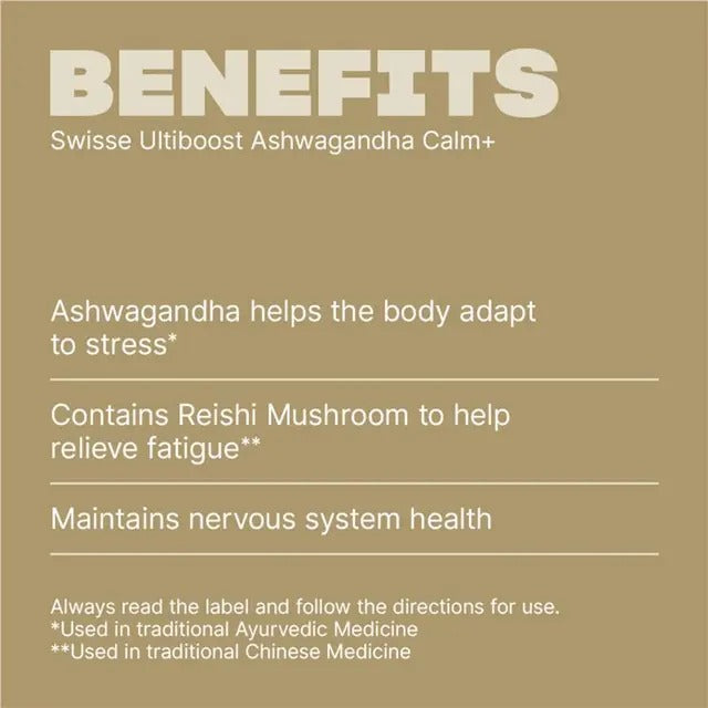 Swisse Ashwagandha Calm+ — vegan stress relief supplement with magnesium and herbs.