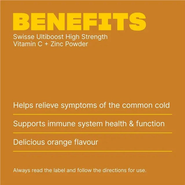Swisse High Strength Vitamin C + Zinc Powder Orange 150g – immune support, cold relief, citrus flavour.
