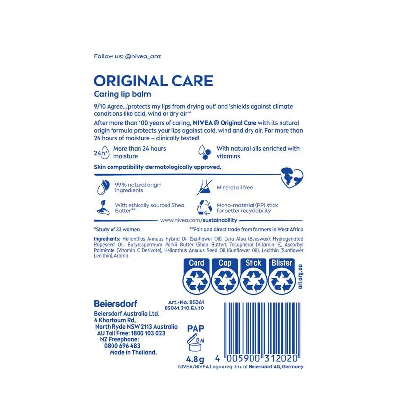 NIVEA Original Care Moisturising Lip Balm 4.8g
