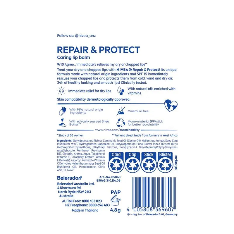 NIVEA Repair & Protection Moisturising Lip Balm SPF15 4.8g