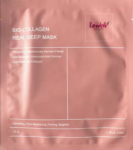Lavvish Bio Collagen Face Mask in pink packaging displayed on vanity with soft natural lighting and skincare accessories
