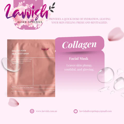 Lavvish Bio Collagen Face Mask in pink packaging displayed on vanity with soft natural lighting and skincare accessories