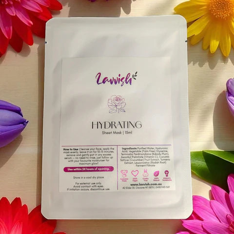 Lavvish Hydrating Sheet Mask in white packaging surrounded by colorful flowers on a bright background