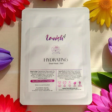 Lavvish Hydrating Sheet Mask in white packaging surrounded by colorful flowers on a bright background